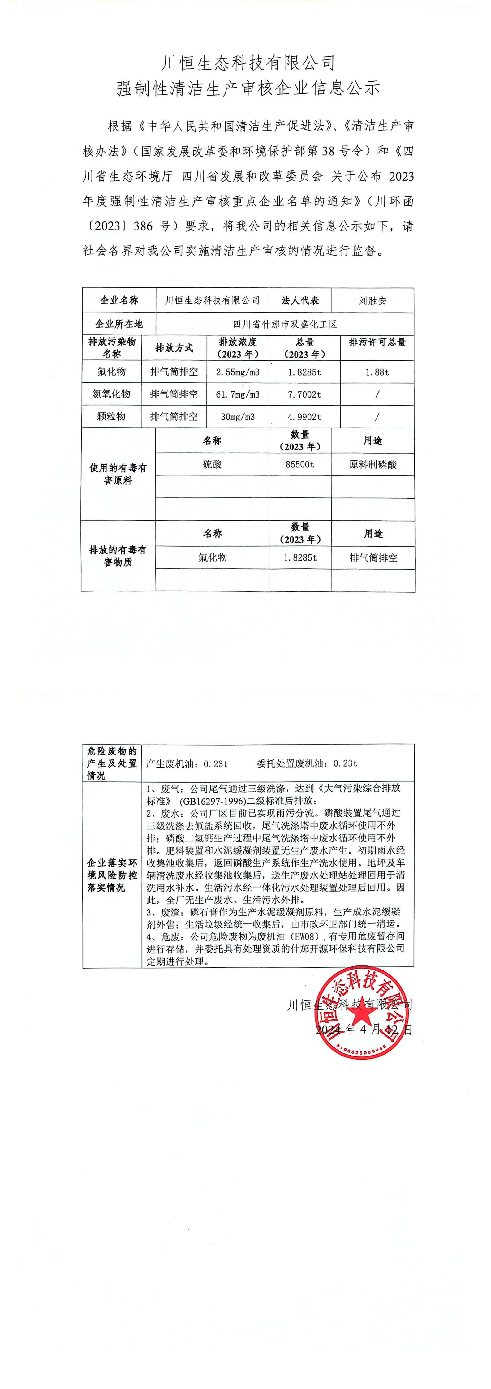 川恒生态强制性清洁生产审核企业信息公示_00